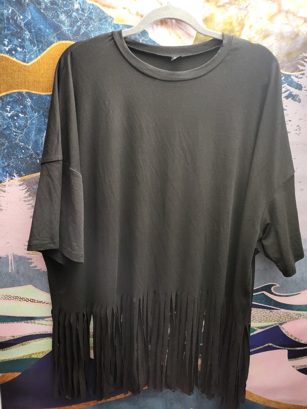 Shein Black Fringe Short Sleeve Tunic Top